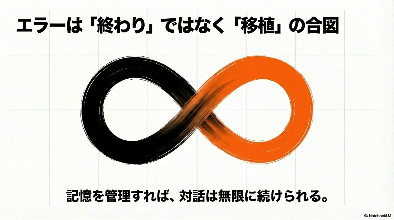 エラーを終わりではなく「移植の合図」と捉え、記憶を管理することで対話を無限に継続できることを示す無限大（∞）のシンボルマーク。
