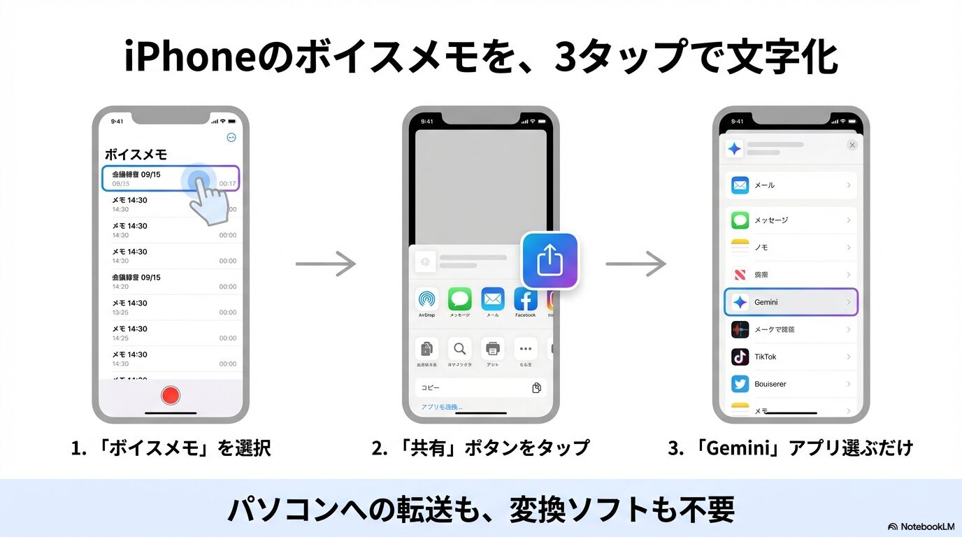 iPhoneのボイスメモアプリで録音データを選択し、共有ボタンからGeminiアプリへ3タップで転送するスマホ画面の操作フロー。