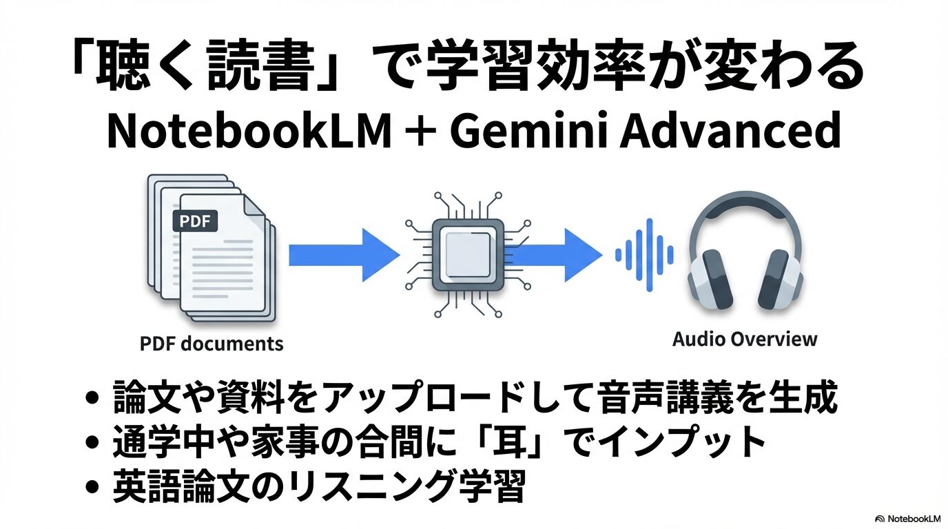 PDFや資料をアップロードして音声講義を生成できるNotebookLMの「聴く読書」機能のイメージ