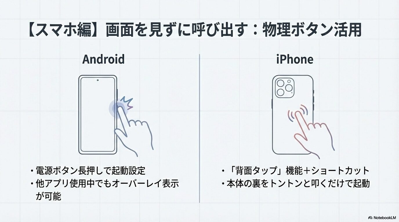 スマートフォンの側面の電源ボタンを長押しする指と、本体の背面を指でタップしてショートカットを起動する様子のイラスト。