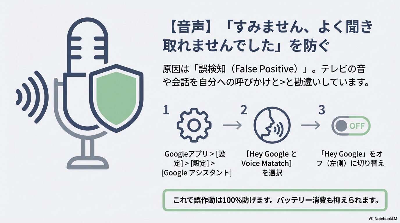 Voice Matchの誤検知の仕組みとGoogleアプリから設定をオフにする手順のフロー図