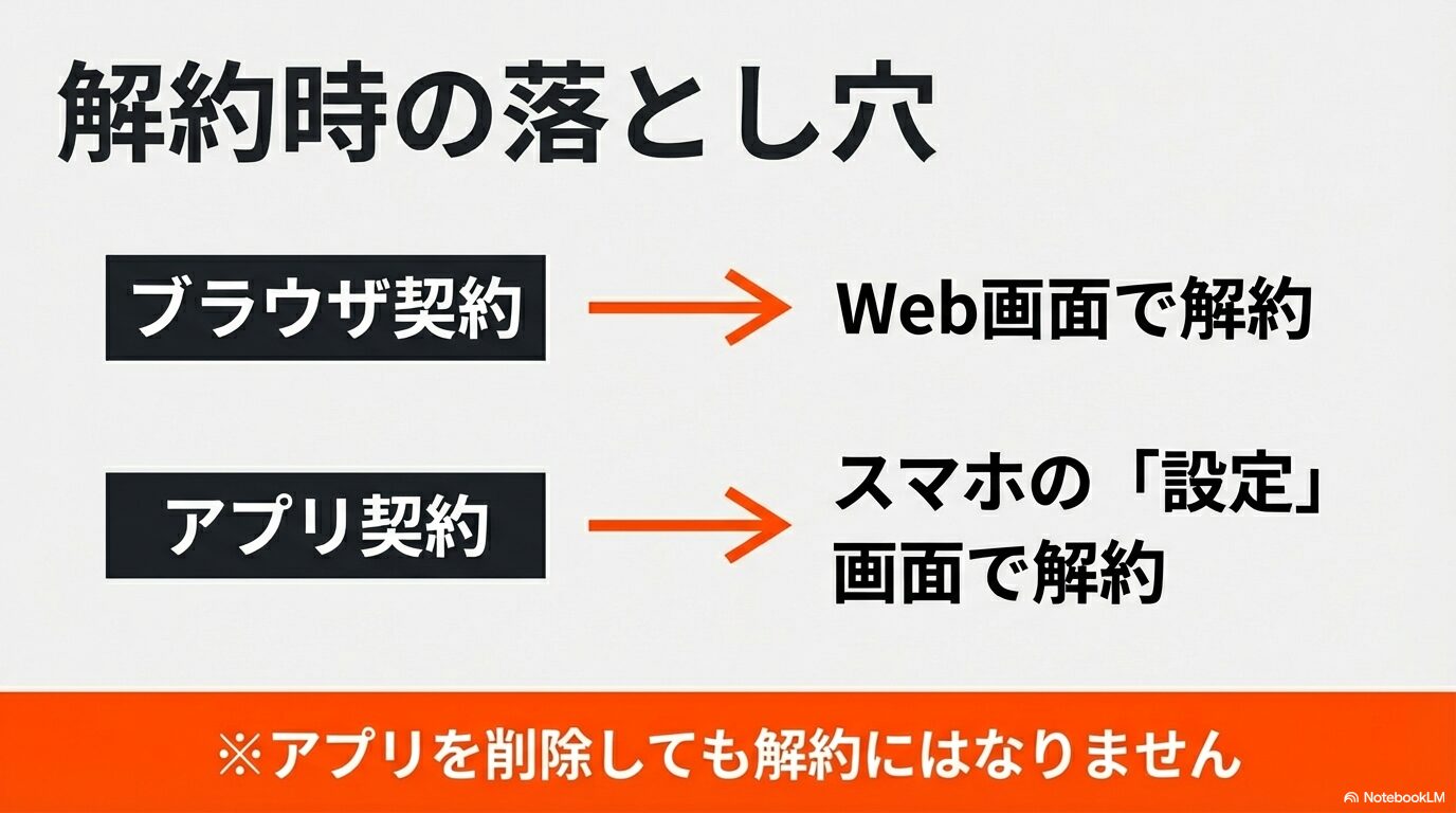 ブラウザ契約とアプリ契約での解約画面の違いと、アプリを削除しても解約にはならないという注意点