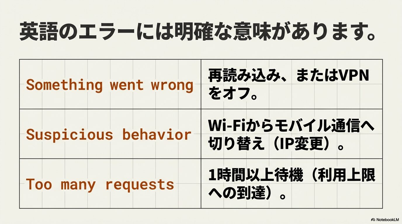 Something went wrongやToo many requestsなどの英語のエラーメッセージとその明確な意味の一覧表 。