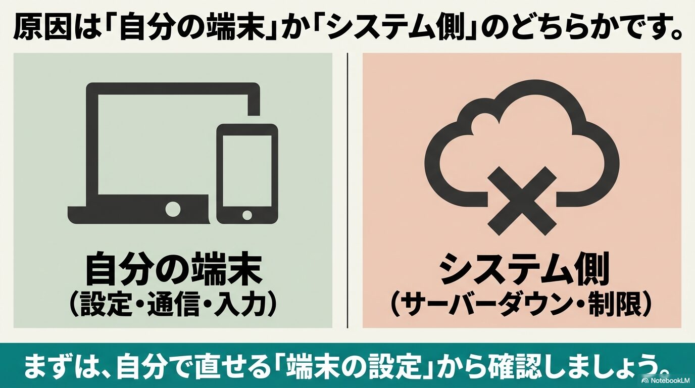 エラーの原因が自分の端末かシステム側かを示すスライド 。