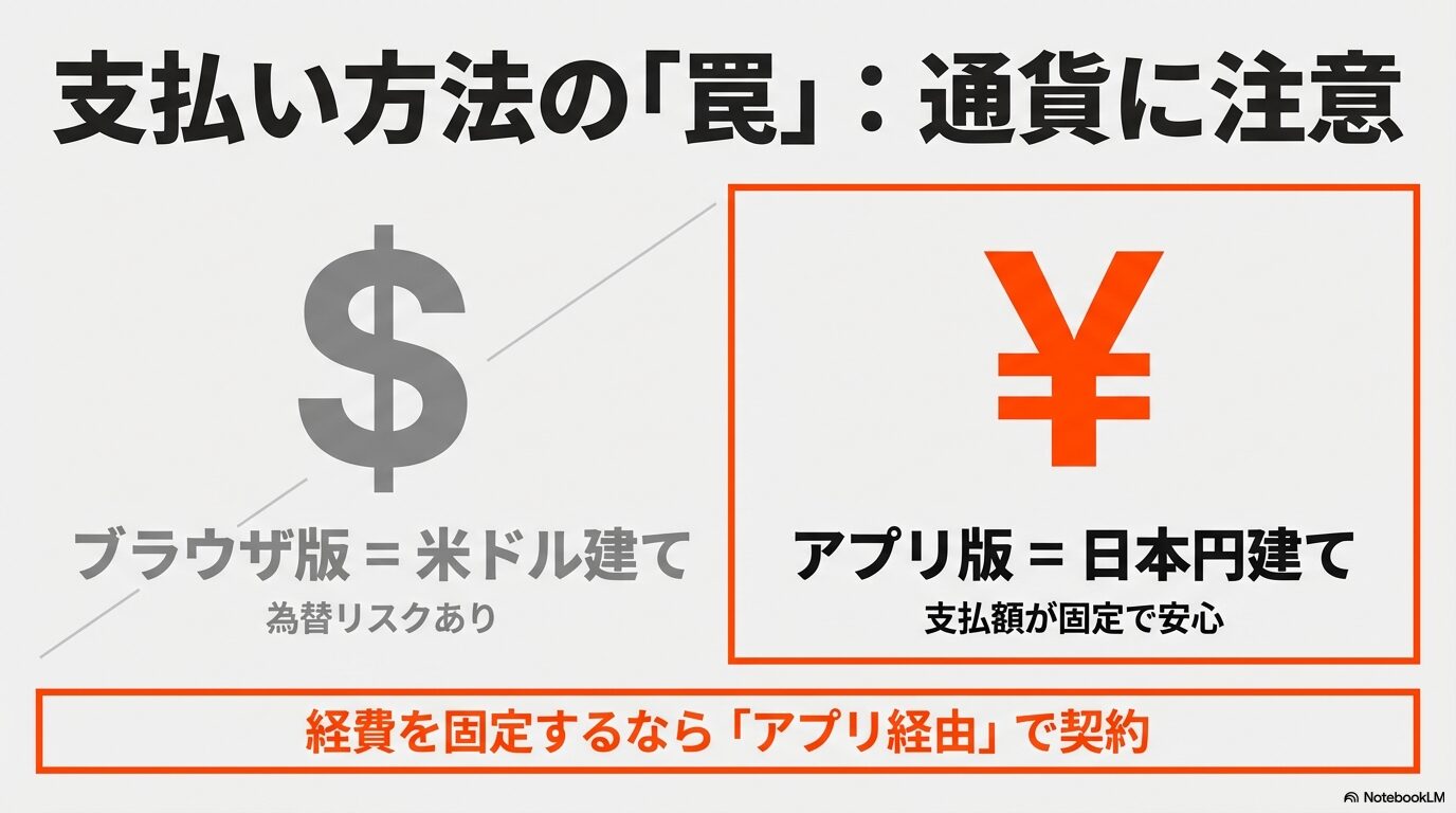 ブラウザ版は米ドル建てで為替リスクがあり、アプリ版は日本円建てで支払額が固定されるという注意喚起