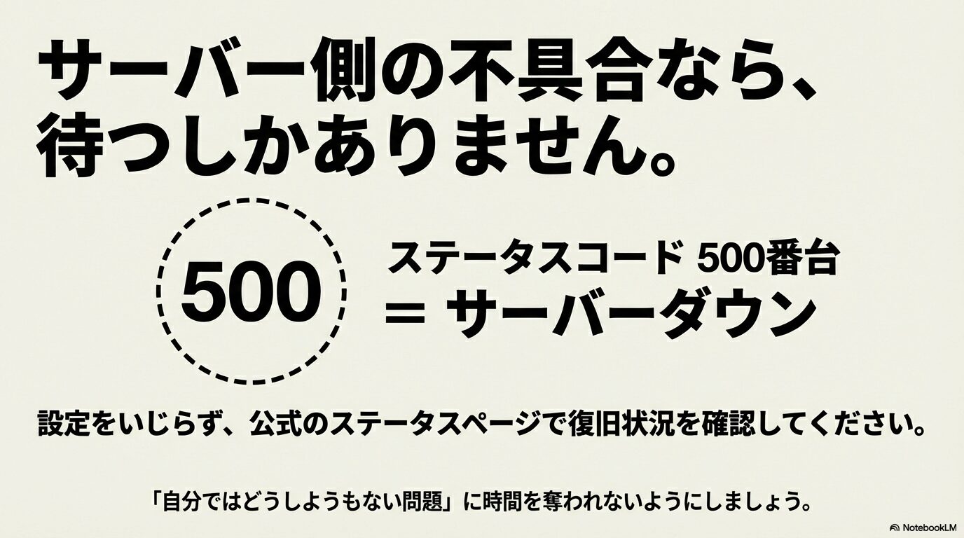 ステータスコード500番台はサーバー側の不具合であり待機を推奨する解説 。