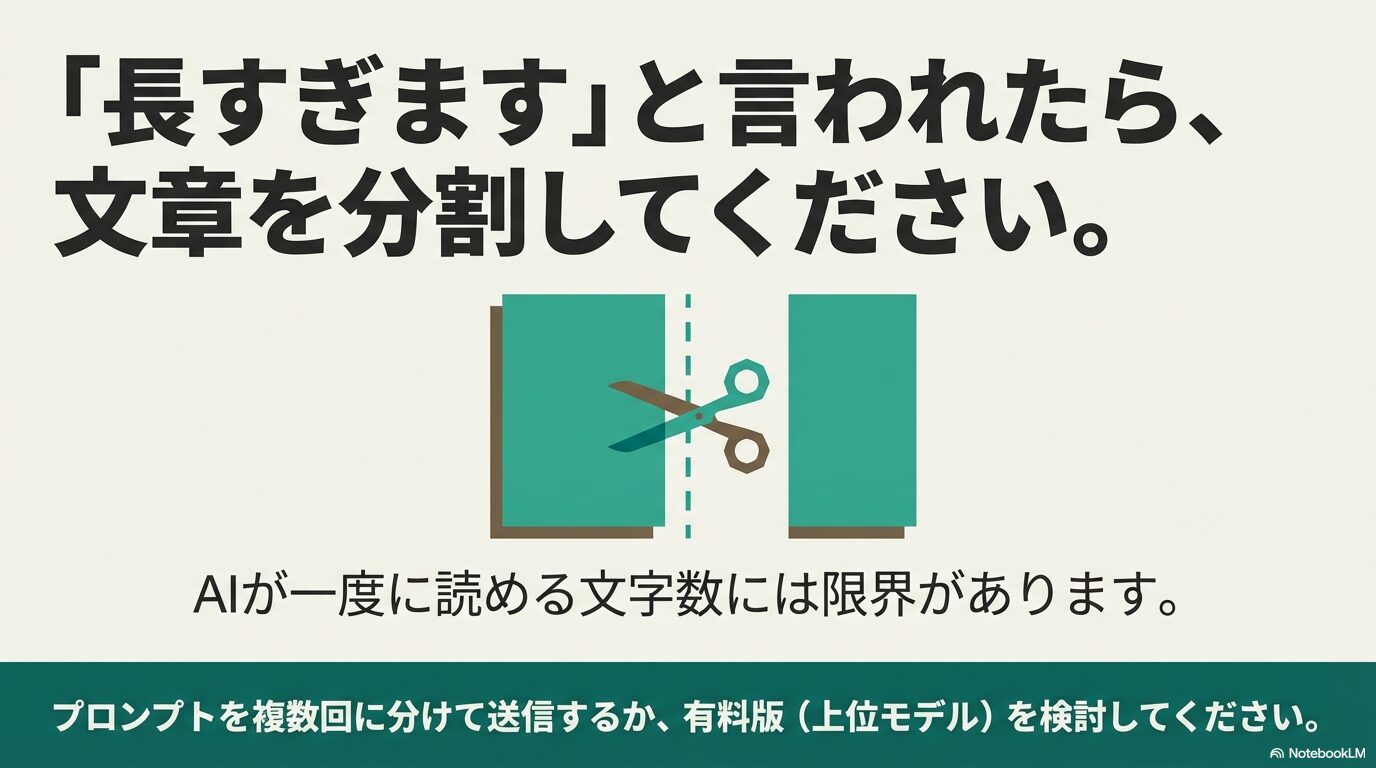 文章が「長すぎます」と言われた場合は分割するよう示すスライド 。