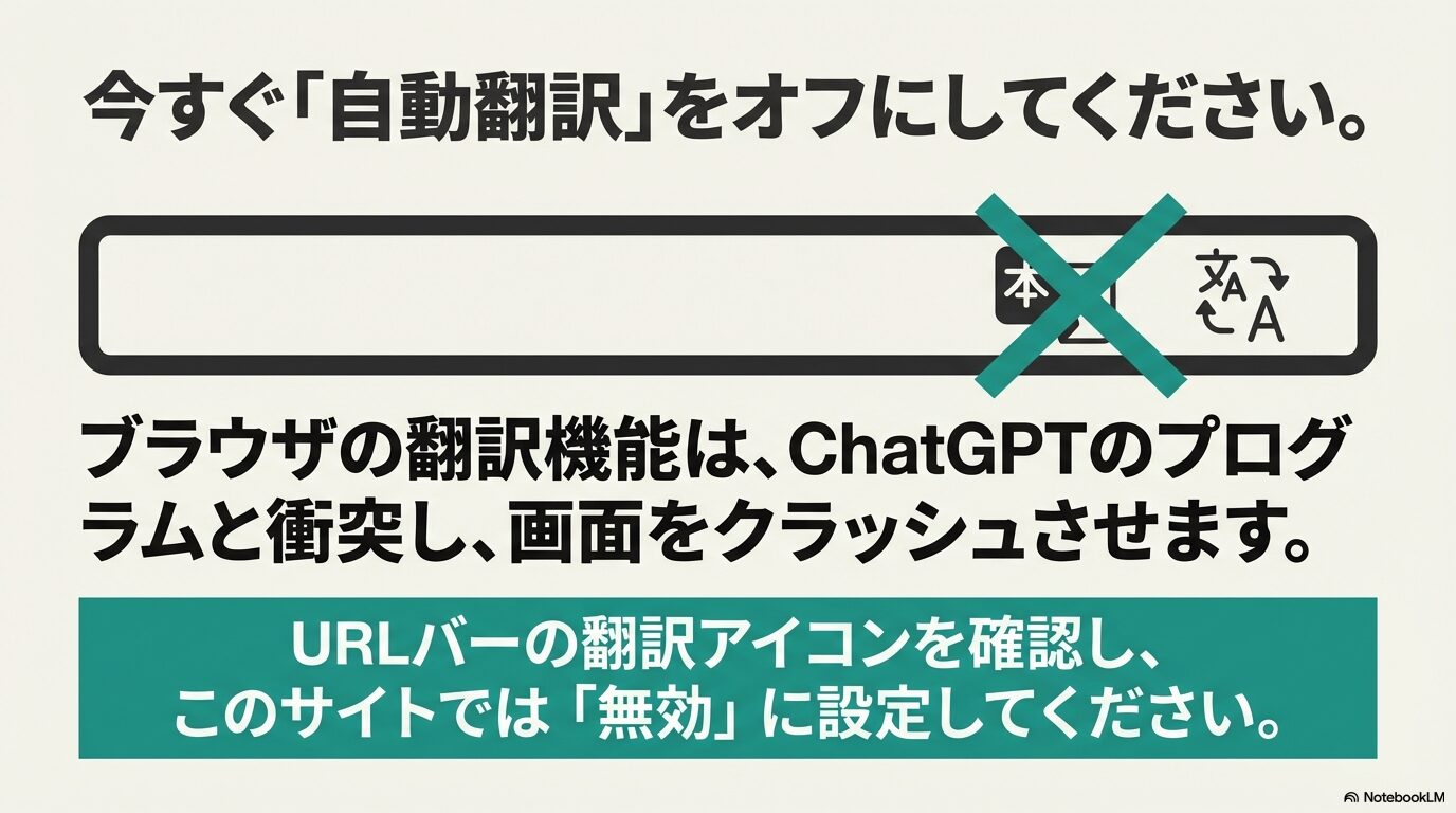 ブラウザの翻訳機能がプログラムと衝突し画面クラッシュを引き起こすため、自動翻訳をオフにするよう促す説明 。
