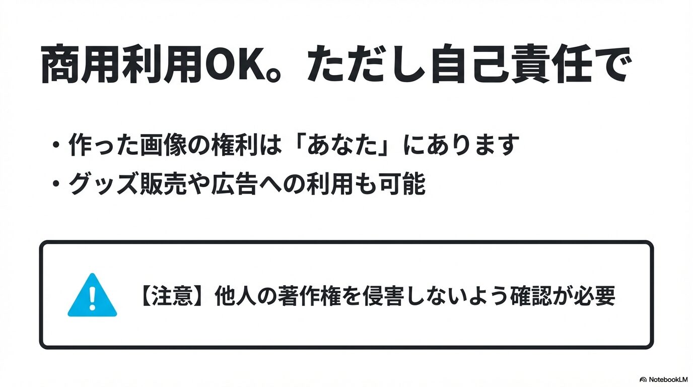 作成した画像の権利はユーザーにあり商用利用も可能だが、著作権侵害には注意が必要