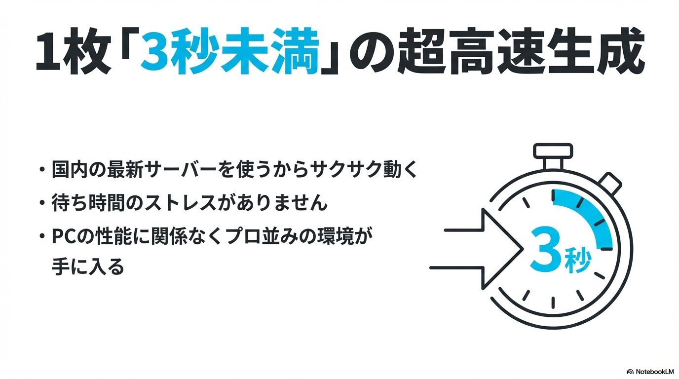 国内サーバー利用で1枚3秒未満の超高速な画像生成を実現