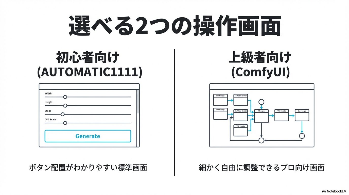 初心者向けのAUTOMATIC1111と上級者向けのComfyUIの2種類から選べる操作画面