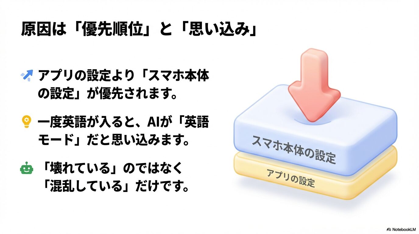 天秤のような図解。アプリの設定よりもスマホ本体の設定の方が重く(優先順位が高く)扱われることを示している。