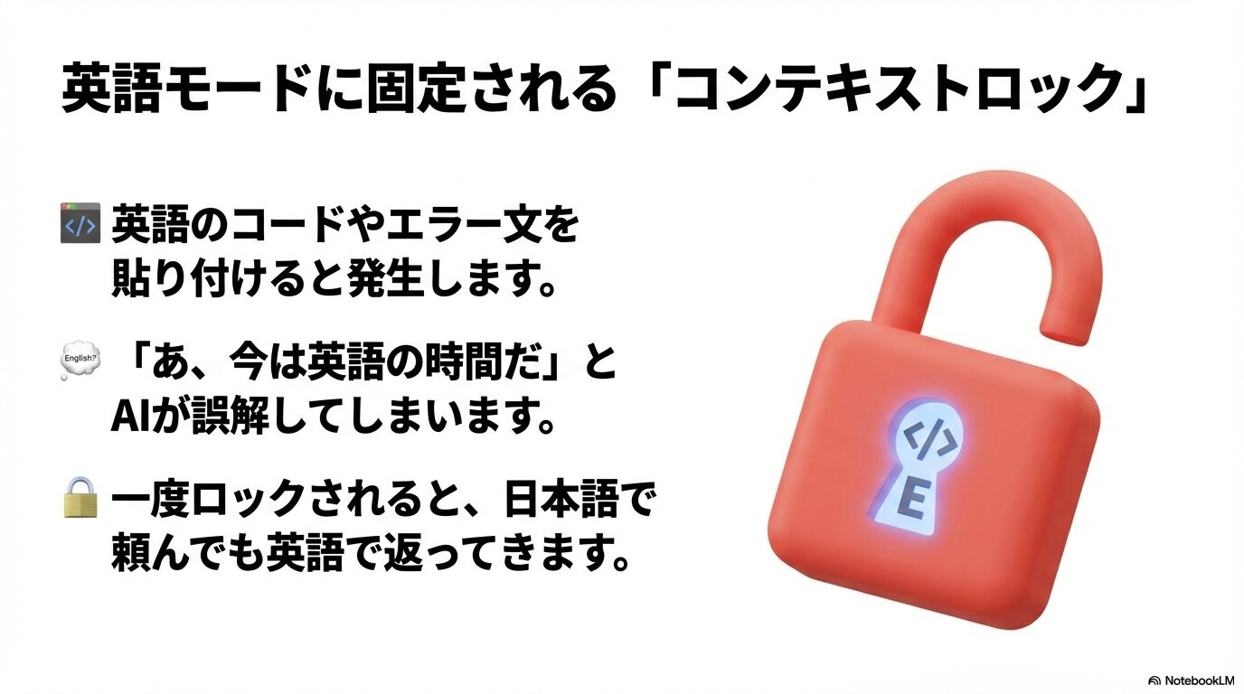 英語のコードやエラー文を入力すると、AIが「今は英語の時間だ」と誤解し、英語モードに固定されてしまう様子の図解。