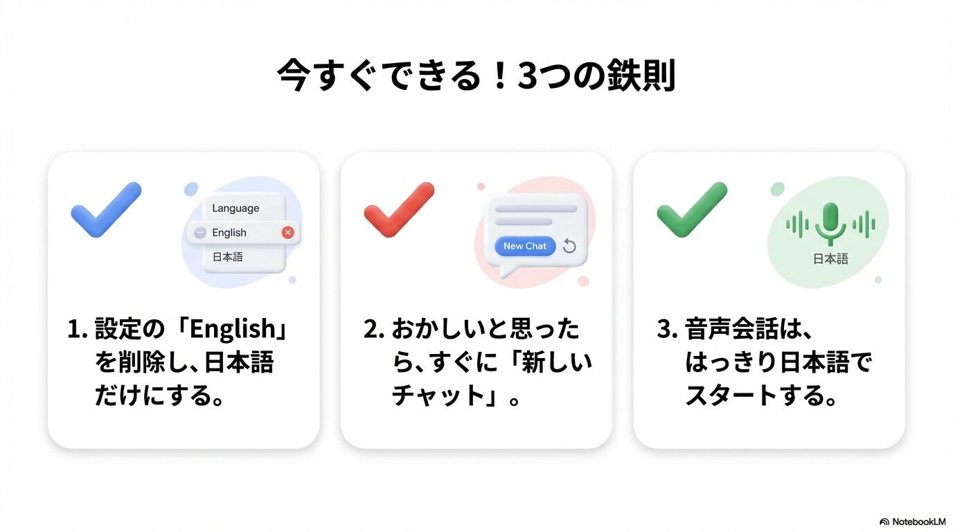 まとめスライド。1.設定のEnglish削除、2.新しいチャットでリセット、3.音声会話は日本語でスタートする、の3点。