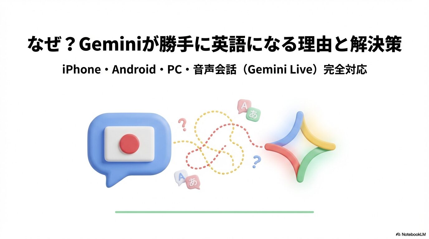日本の国旗とGeminiのロゴ、疑問符が描かれたイラスト。「なぜ?Geminiが勝手に英語になる理由と解決策」というタイトル。