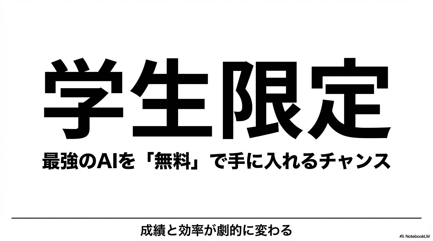 「学生限定 最強のAIを無料で手に入れるチャンス」と書かれたNotebookLMの紹介スライド表紙