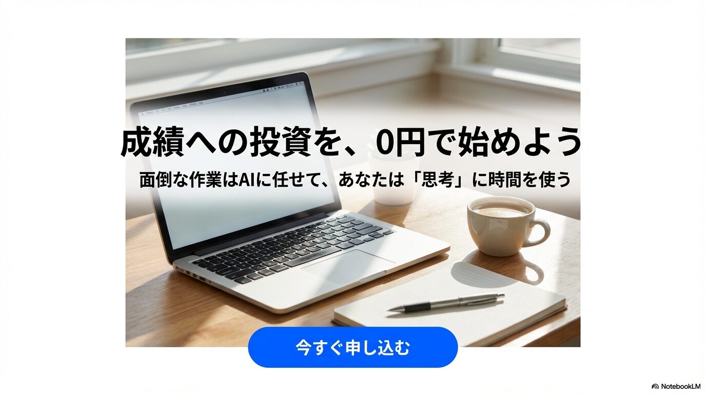 「面倒な作業はAIに任せて、あなたは思考に時間を使う」というメッセージと、今すぐ申し込むボタンが配置されたスライド