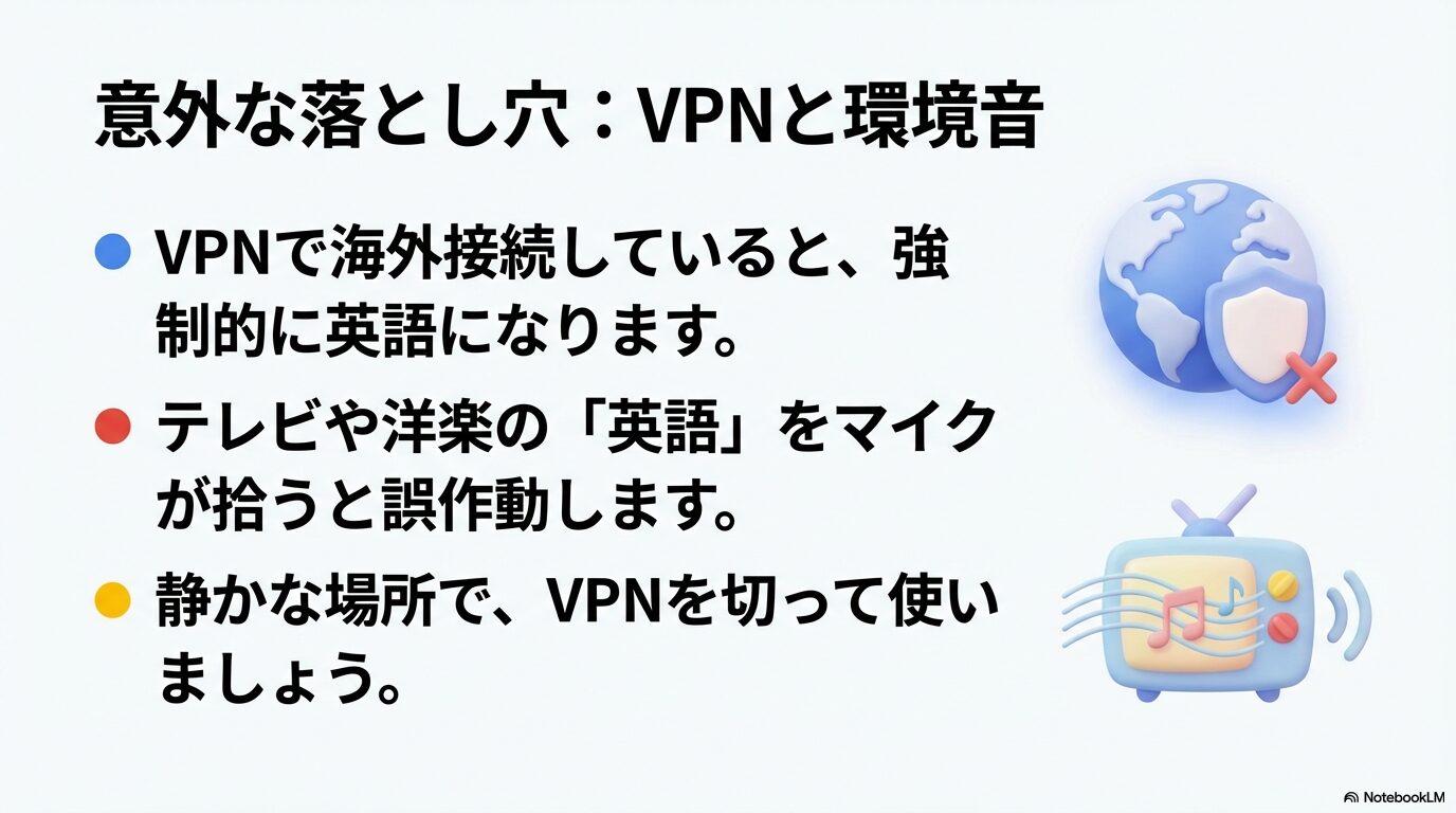 VPNで海外接続している場合や、テレビ・洋楽の音声をマイクが拾うことで英語モードになる注意点。