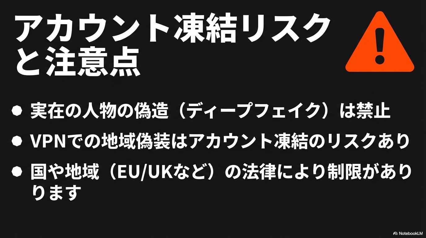 オレンジ色の警告アイコン。ディープフェイクの禁止、VPNでの地域偽装によるアカウント凍結リスク、EU/UKなどの法律による制限に関する注意喚起