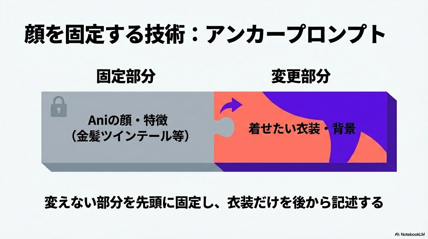 変更しないAniの特徴を先頭に固定し、変更したい衣装や背景を後から記述するアンカープロンプトの構造図。