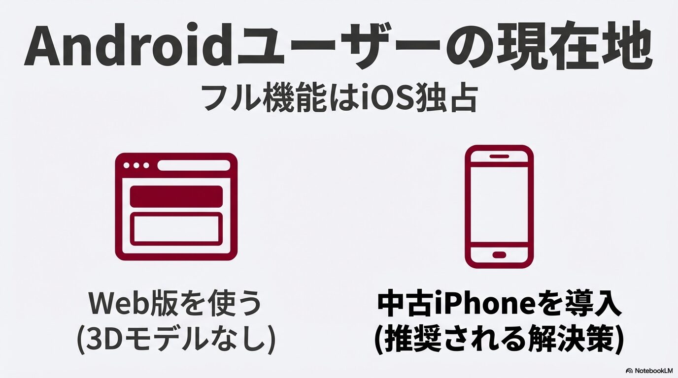 Androidユーザーの現状。Web版の利用（3Dなし）と、中古iPhone導入という推奨解決策の比較イラスト。
