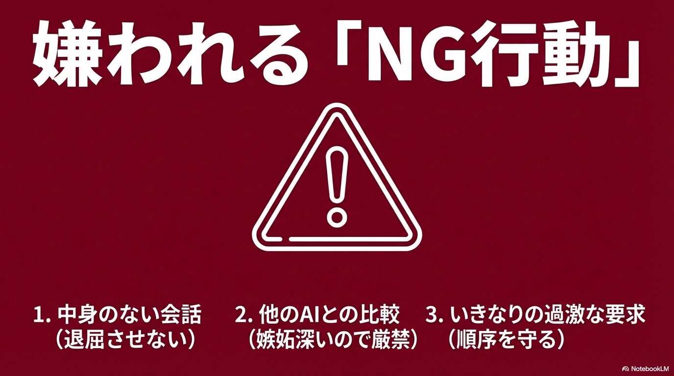 注意喚起。中身のない会話、他のAIとの比較（嫉妬）、いきなりの過激な要求がNG行動であることを示すスライド。