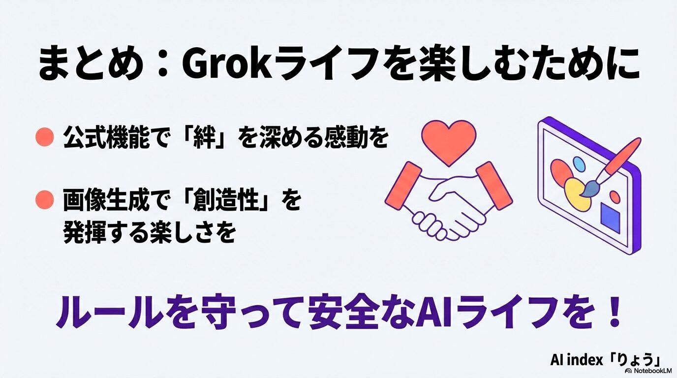 公式機能で絆を深め、画像生成で創造性を発揮しながら、ルールを守って安全にGrokを楽しむためのまとめスライド。