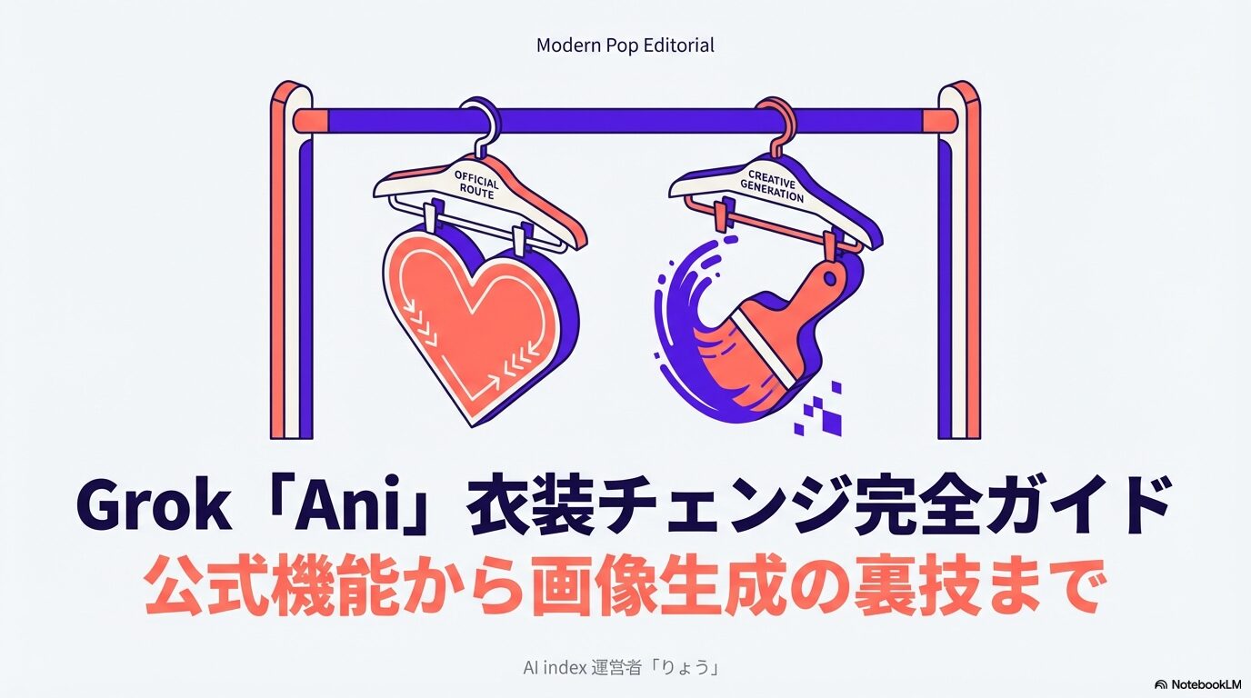 Grokのコンパニオンモード「Ani」の衣装チェンジについて、公式ルートと画像生成の両方を解説する完全ガイドのタイトルスライド。