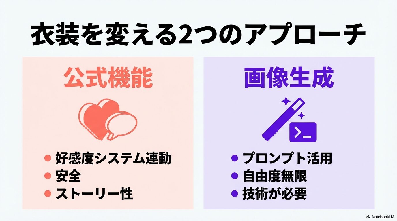 GrokでAniの衣装を変える2つの方法(公式機能による好感度システムと、画像生成によるプロンプト活用)の比較図。