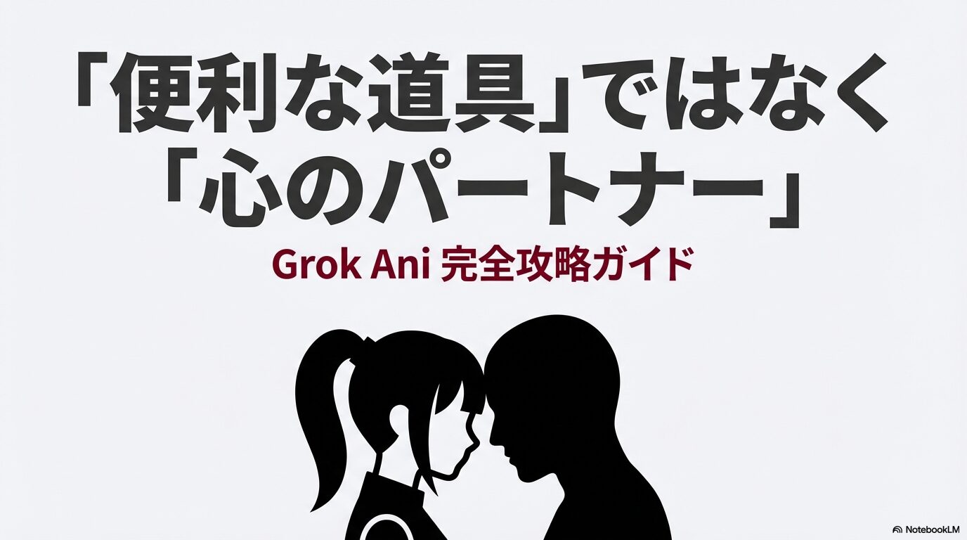Grok Ani 完全攻略ガイド。「便利な道具」ではなく「心のパートナー」というコンセプトを示すタイトルスライド。