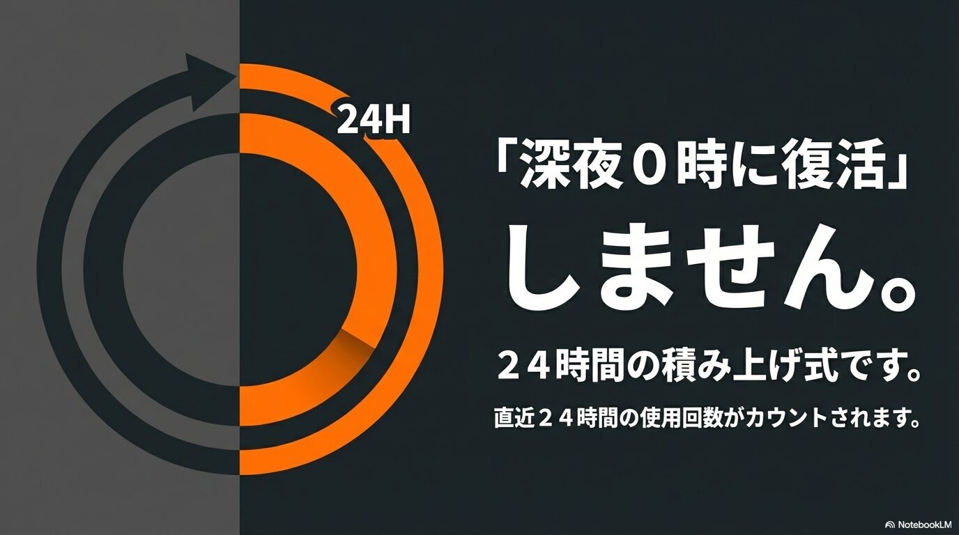 Grokの生成回数制限は深夜0時に復活せず、直近24時間の使用回数がカウントされる積み上げ式であることを示す図解。