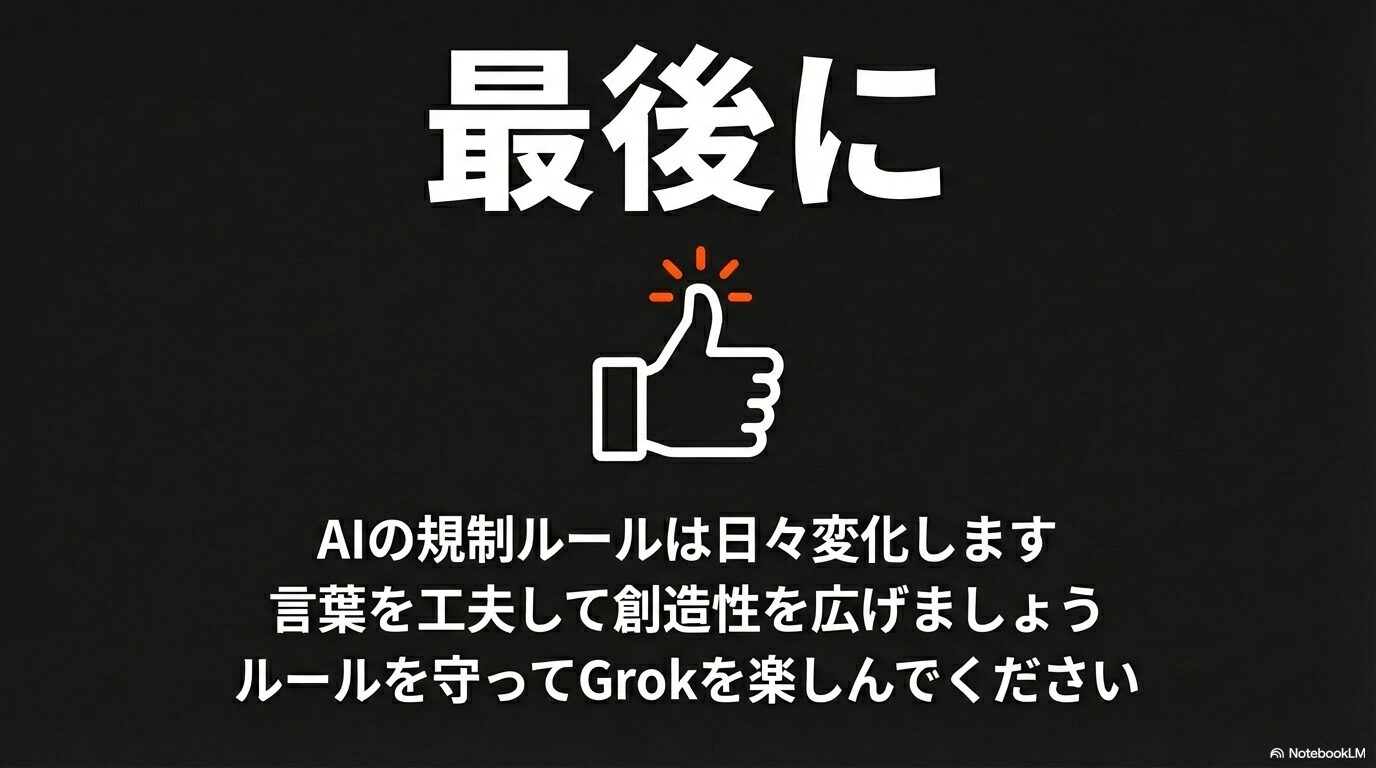 「最後に」という大きな文字とサムズアップのアイコン。「AIの規制ルールは日々変化します。言葉を工夫して創造性を広げましょう。ルールを守ってGrokを楽しんでください」というメッセージ