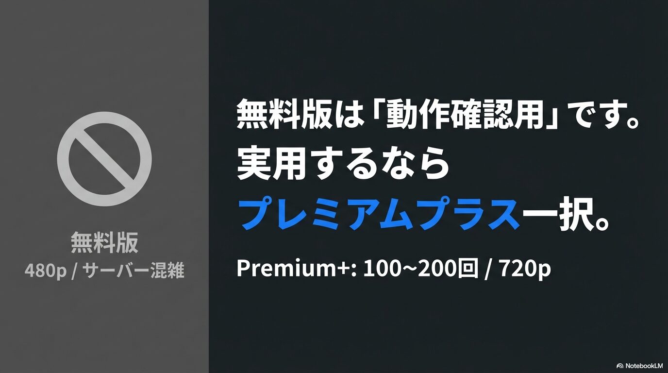 Grokの無料版は480pで動作確認用であり、実用的な動画生成にはPremium+（720p、100回以上）が必要であることを示す比較図解。