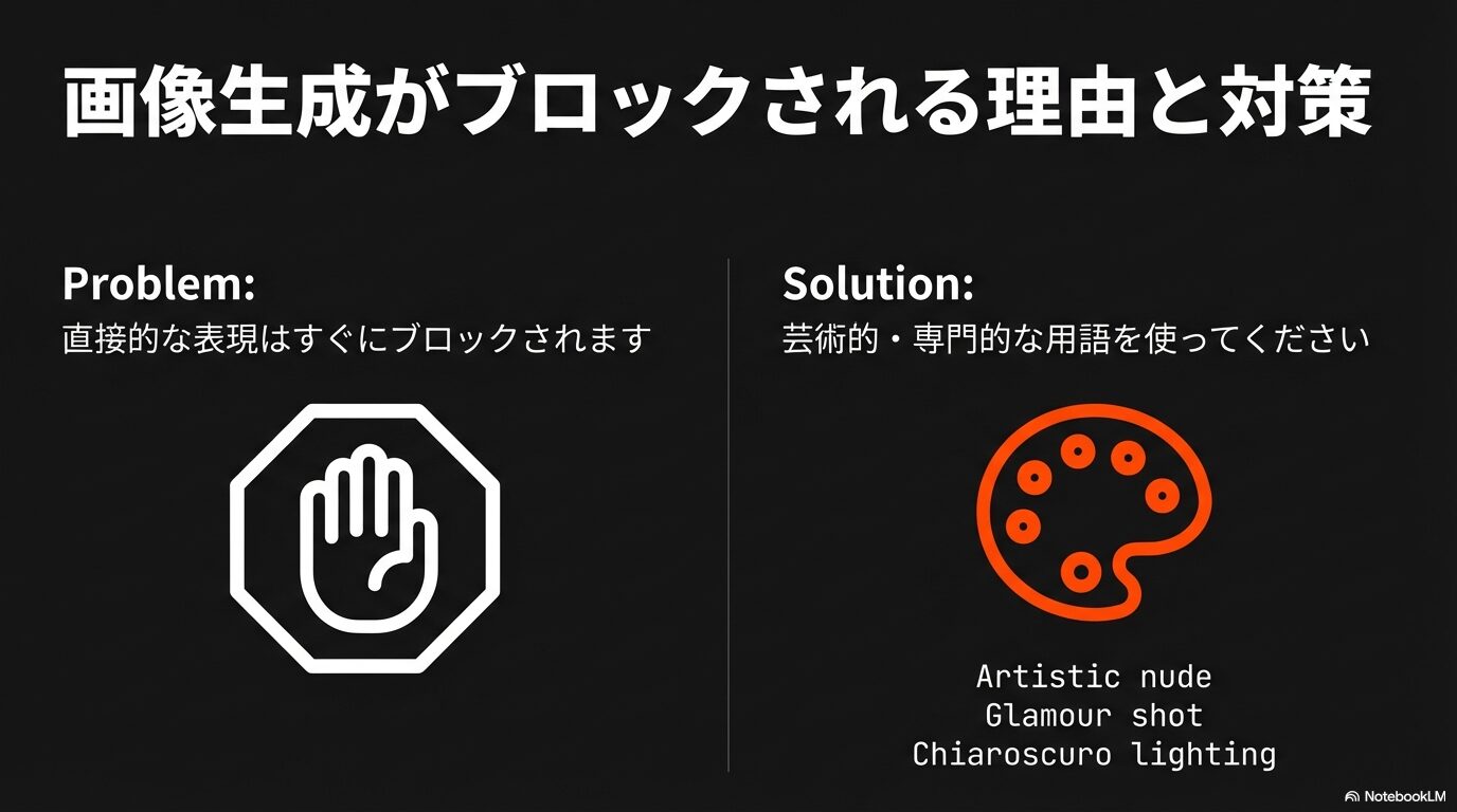 停止マークとパレットのアイコン。直接的な表現がブロックされる問題に対し、「Artistic nude」や「Chiaroscuro lighting」など芸術的・専門的な用語を使う解決策の提示