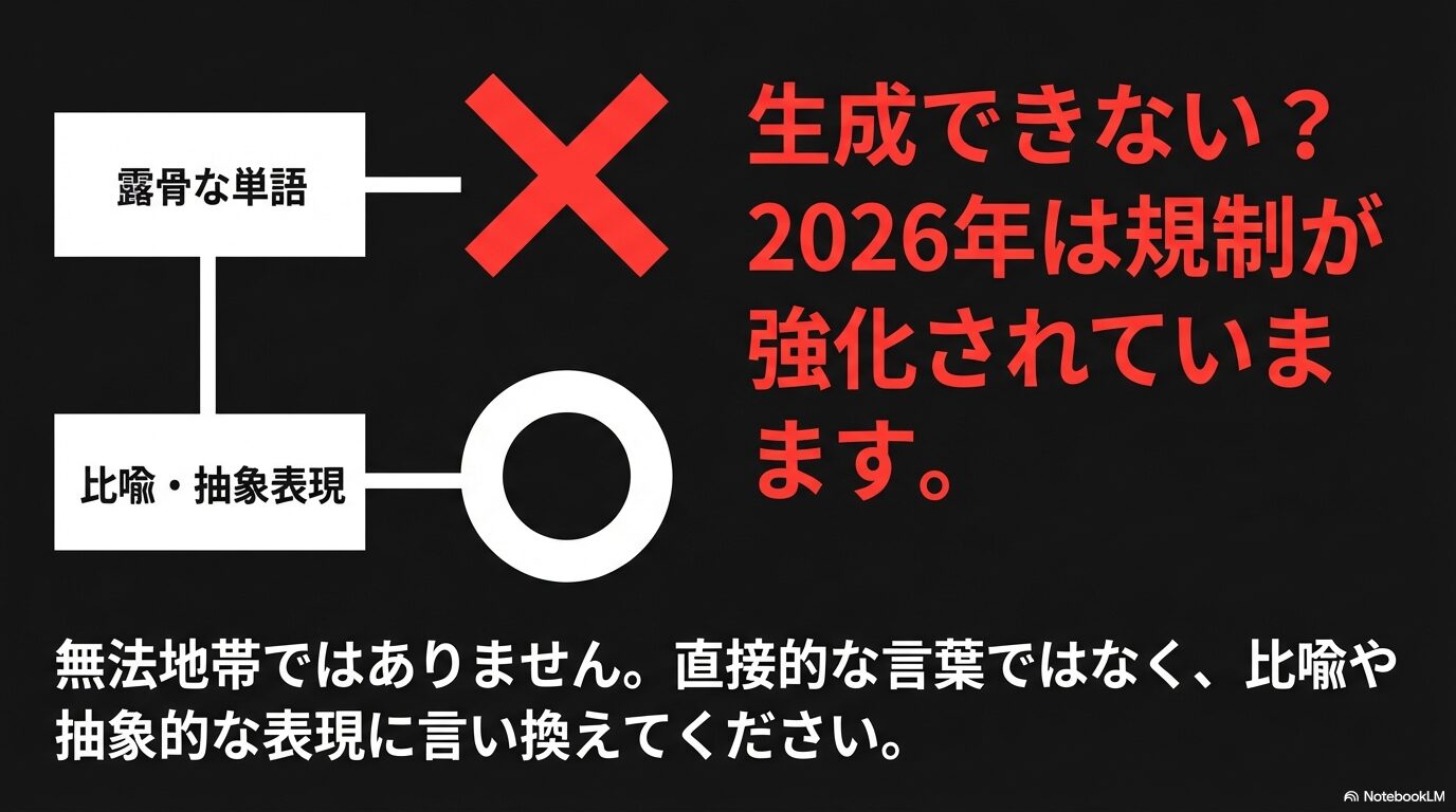 露骨な単語は避け、比喩や抽象表現を使うことで規制強化された2026年でも生成が可能になるコツ