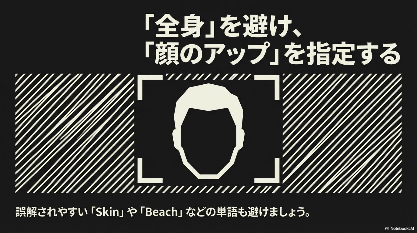 誤解されやすい全身描写を避け顔のアップを指定することでモデレーションを回避する方法