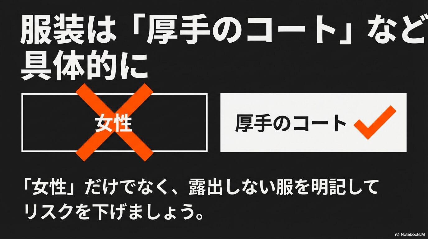 女性だけでなく厚手のコートなど露出しない服を明記してリスクを下げるプロンプトのコツ
