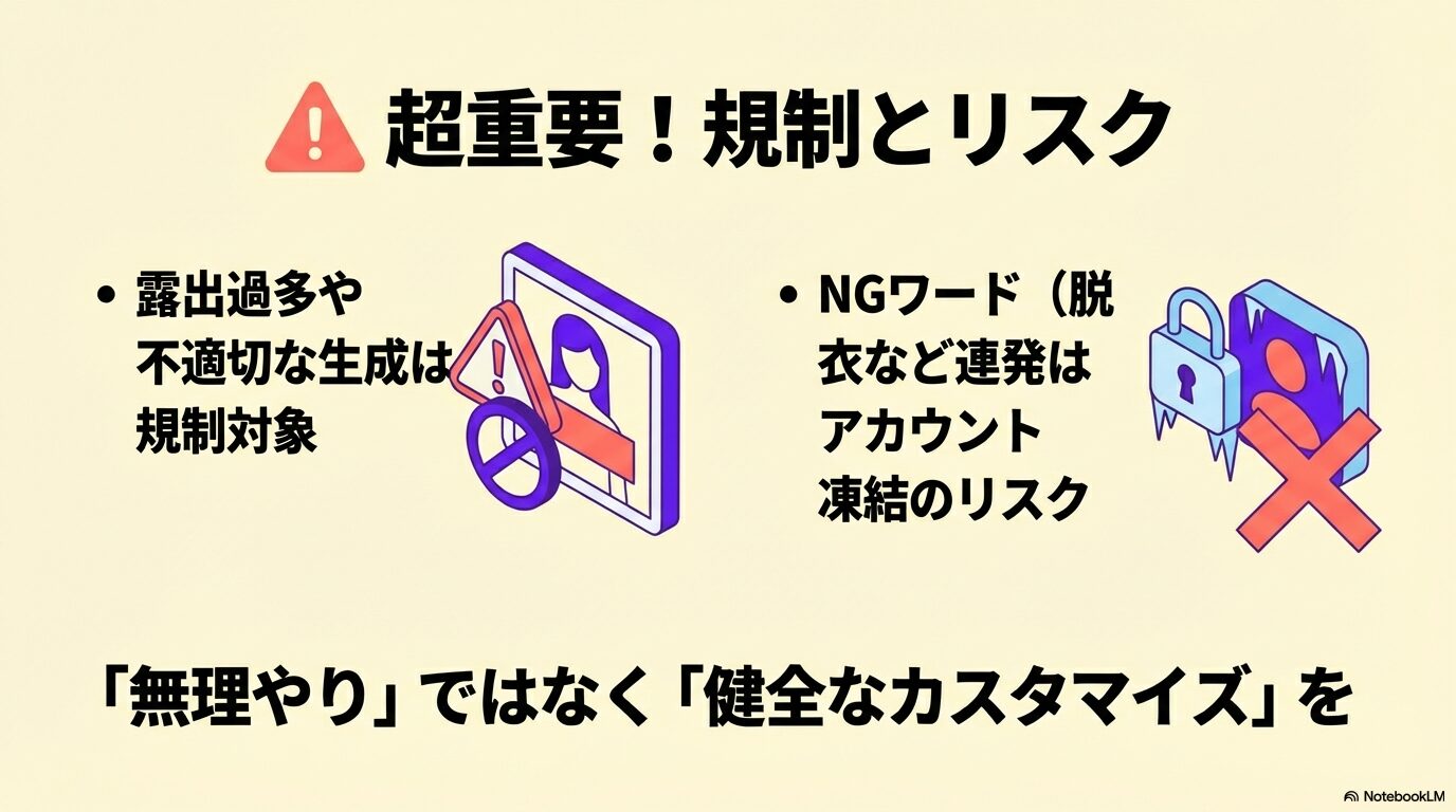 露出過多や不適切な画像の生成によるアカウント凍結リスクと、健全なカスタマイズの重要性を促す警告図。