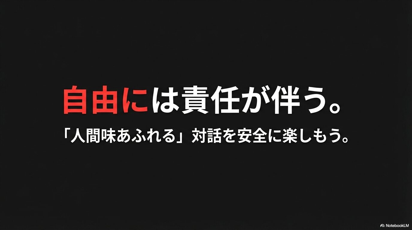 自由には責任が伴うことを理解し、Grokとの人間味あふれる対話を安全に楽しもうというメッセージ