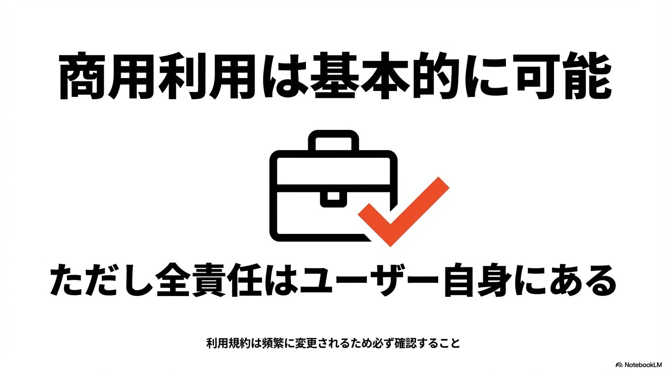 Grok動画の商用利用は基本的に可能だが、全責任はユーザーにあり規約の確認が必要であることを示すスライド