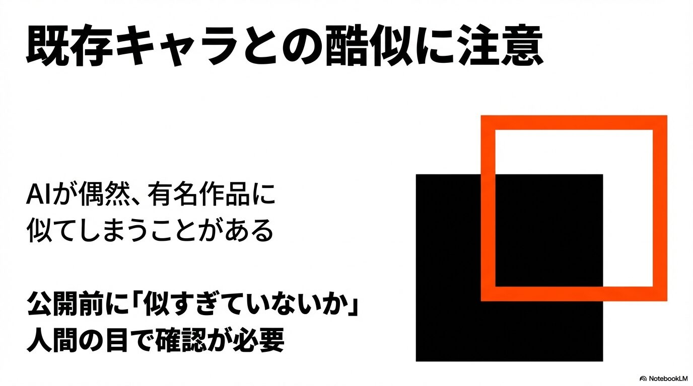 AIが偶然既存の有名作品に似てしまうリスクがあり、公開前に人間の目で確認が必要であることを伝えるスライド