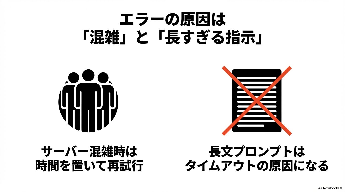 動画生成エラーの主な原因がサーバーの混雑と長すぎるプロンプトであることを示すスライド