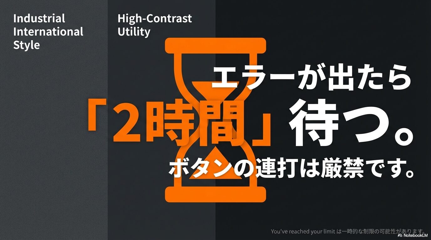 Grokでエラーが出た場合はボタンを連打せず2時間待つこと、制限は一時的なものであることを解説した注意喚起の図。