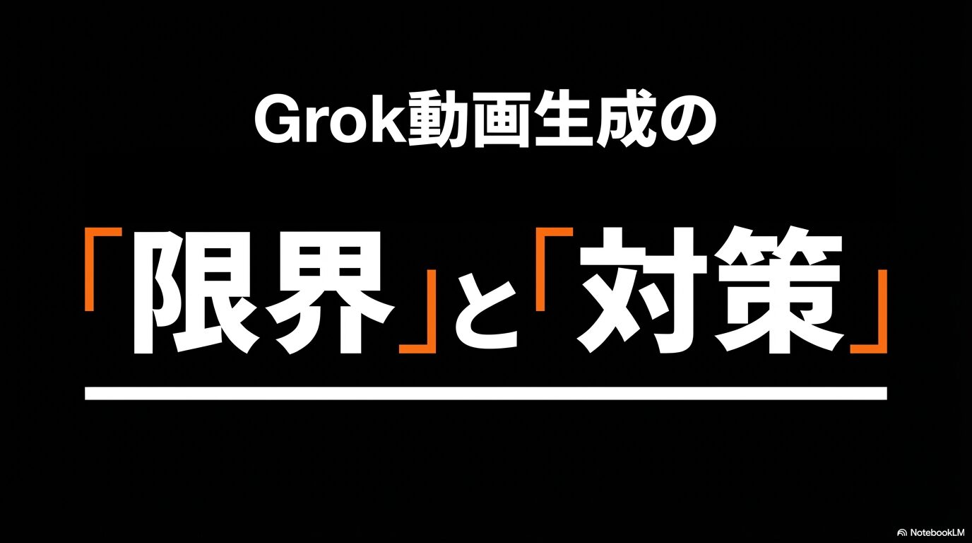 Grok動画生成における「限界」とそれに対する具体的な「対策」を解説したスライド資料の表紙。