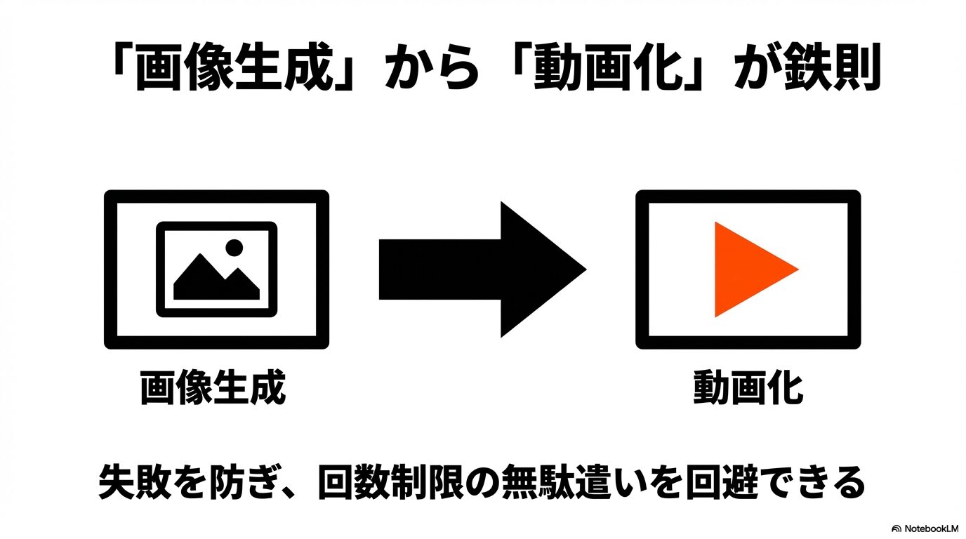 失敗を防ぎ回数制限の無駄遣いを回避するため、まず画像生成を行ってから動画化する手順を推奨するスライド