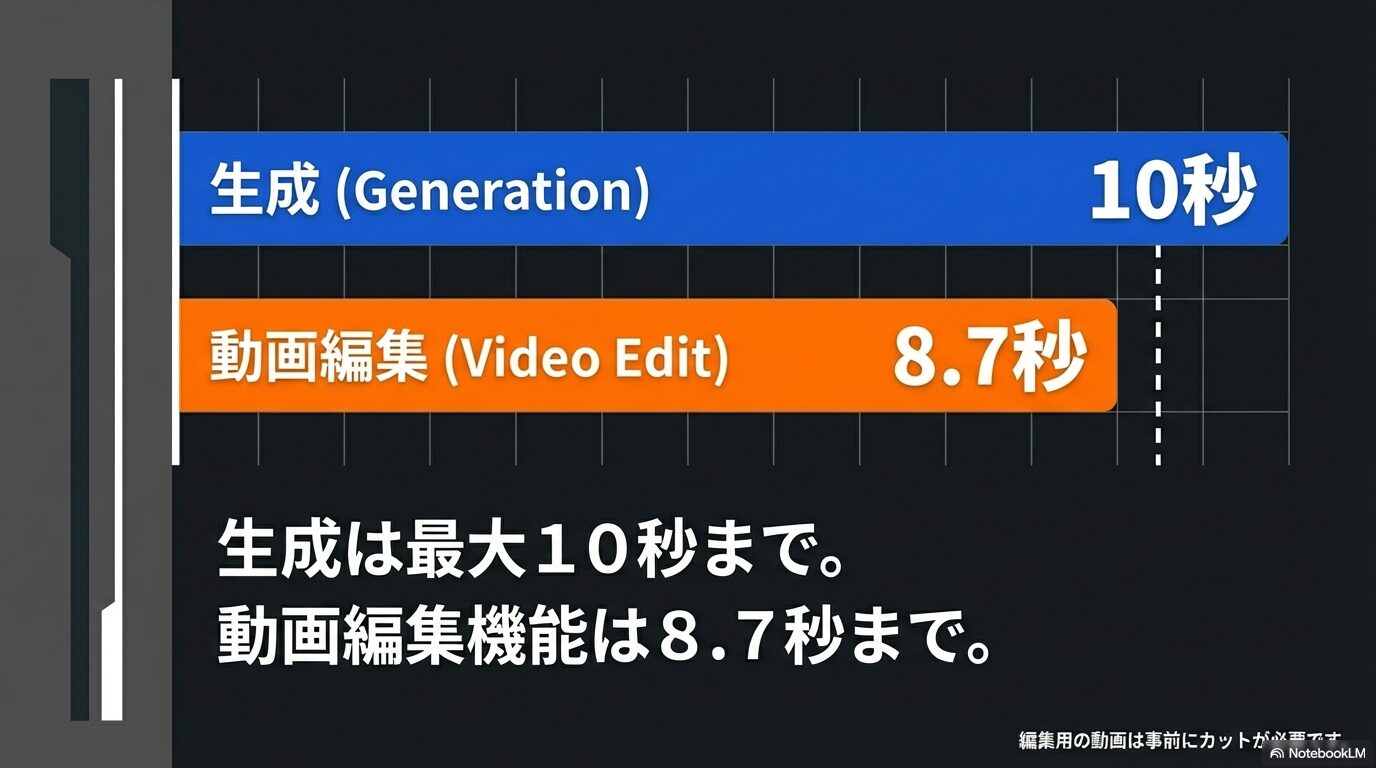 Grokの動画生成は最大10秒、動画編集（Video Edit）機能は最大8.7秒までという時間の制限を示した仕様図。