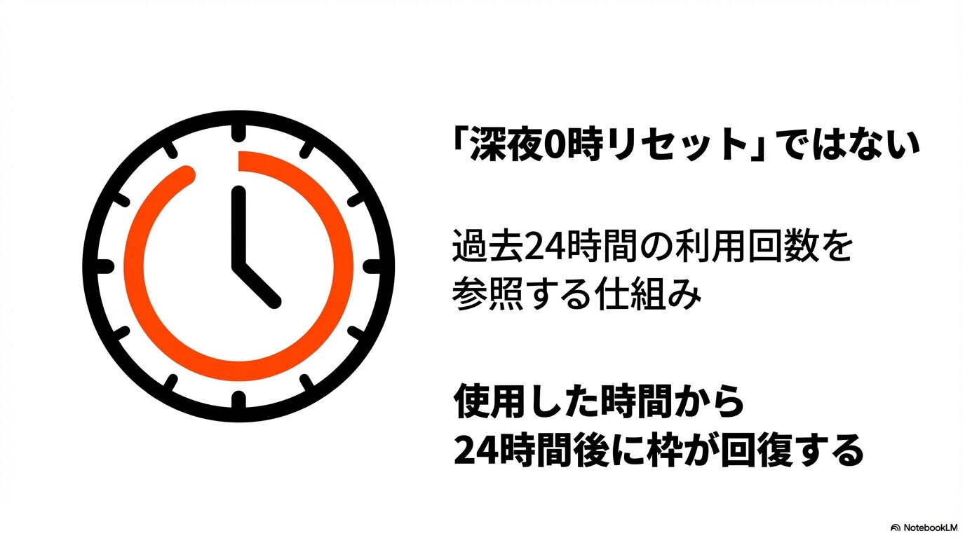 Grokの制限回数は深夜0時リセットではなく、過去24時間の利用回数を参照して24時間後に回復する仕組みを解説するスライド