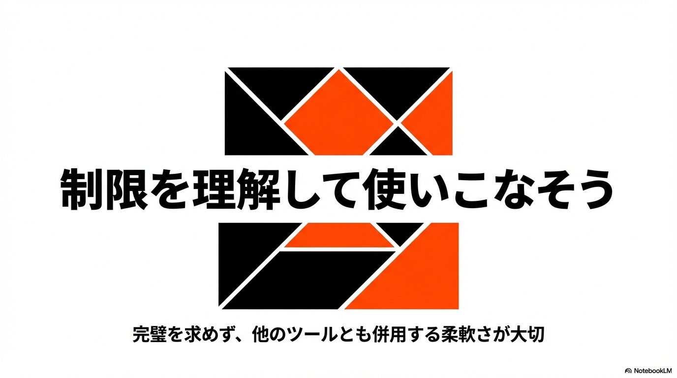 完璧を求めず、制限を理解して他のツールと併用する柔軟さが大切であることをまとめたスライド