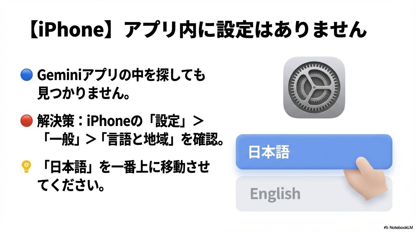 iPhoneの設定画面。「一般」>「言語と地域」から日本語を一番上に移動させる手順の図解。