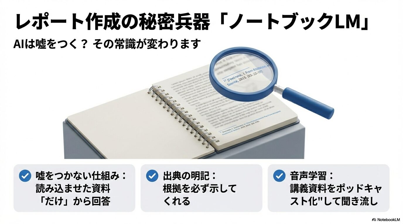 読み込ませた資料だけから回答し出典を明記する仕組みや、講義資料をポッドキャスト化する機能の紹介